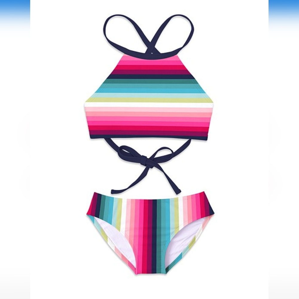 Sunshine Swing Girl's Halter Bikini Pink & Aqua Rainbow Stripe Size 4 NWT